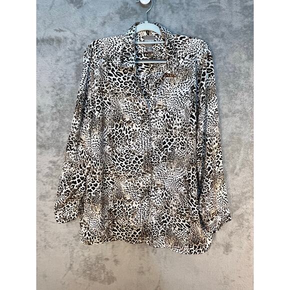 Chico's Button Down Blouse Large Animal Print Academia Mob Wife Boho - Picture 1 of 6